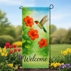 Welcome Hummingbird Hibiscus Double Sided Garden Banner Flag 12.5 x 28 inch