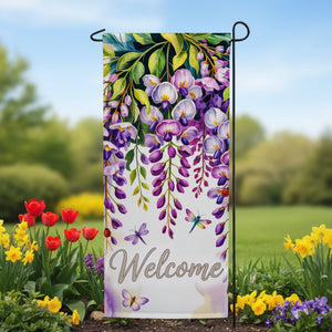 Welcome Wisteria Dragonfly Double Sided Garden Banner Flag 12.5 x 28 inch