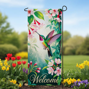 Welcome Hummingbird Fuchsia Double Sided Garden Banner Flag 12.5 x 28 inch