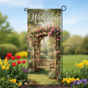 Welcome Rose Garden Arbor Double Sided Garden Banner Flag 12.5 x 28 inch
