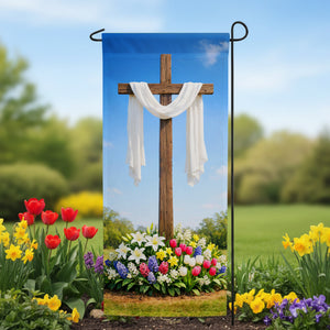 Easter Cross with Spring Flowers Garden Banner