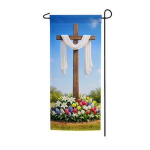 Easter Cross with Spring Flowers Garden Banner