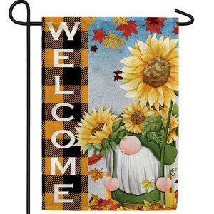 Gnome Picking Sunflowers Double Sided Garden Flag