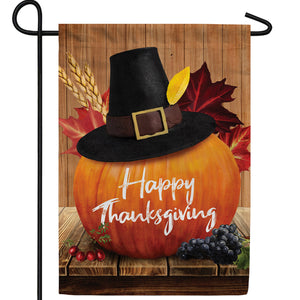 Pilgrim Pumpkin Thanksgiving Double Sided Garden Flag