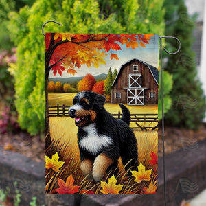 Autumn Dog and Barn Double Sided Garden Flag