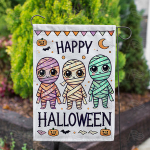 Cute Mummies Happy Halloween Double Sided Garden Flag
