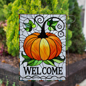 Stained Glass Welcome Pumpkin Double Sided Garden Flag