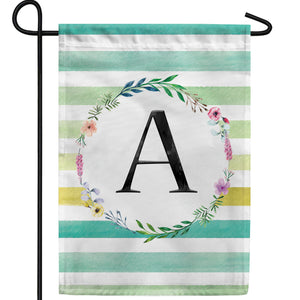 Blue Striped Watercolor Monogram Double Sided Garden Flag