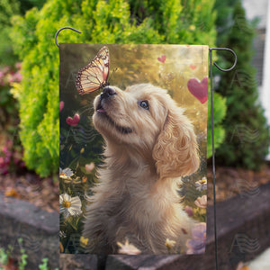 Golden Puppy Butterfly Love Double Sided Garden Flag