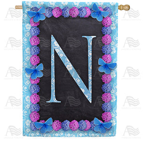 Blue And Purple Hydrangea Monogram Double Sided House Flag
