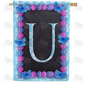 Blue And Purple Hydrangea Monogram Double Sided House Flag