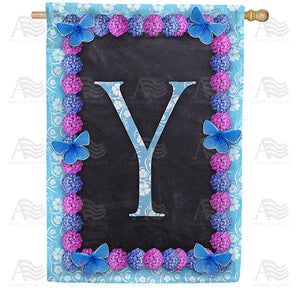 Blue And Purple Hydrangea Monogram Double Sided House Flag