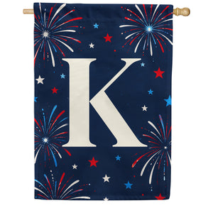 Patriotic Blue Gingham Monogram Double Sided House Flag
