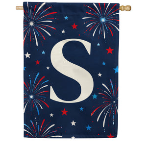 Patriotic Blue Gingham Monogram Double Sided House Flag