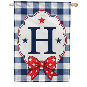 Patriotic Blue Gingham Monogram Double Sided HouseFlag