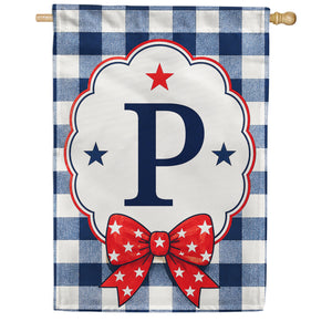Patriotic Blue Gingham Monogram Double Sided HouseFlag