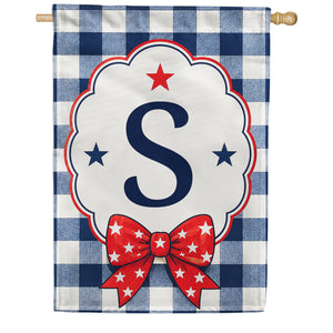 Patriotic Blue Gingham Monogram Double Sided HouseFlag