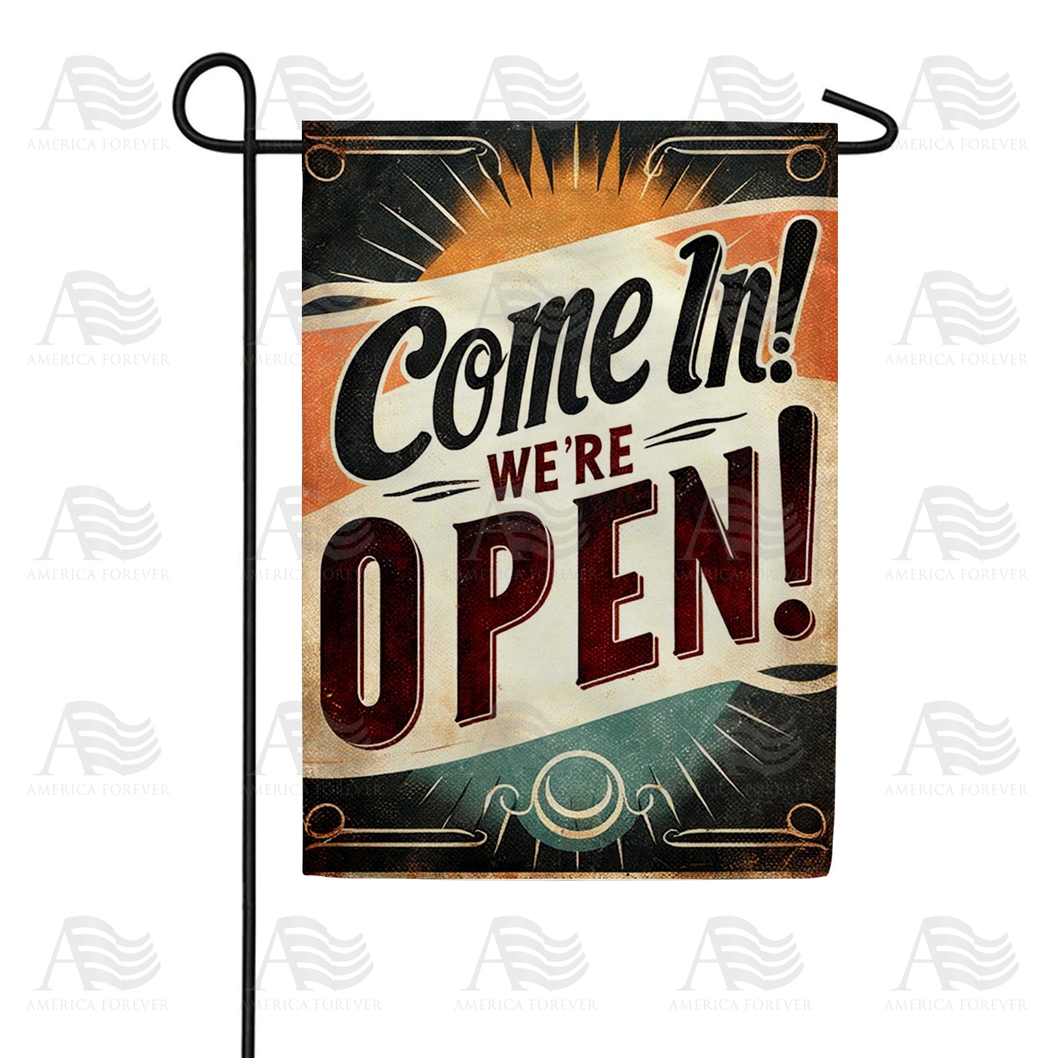 Retro Come In We're Open Sign Double Sided Garden Flag