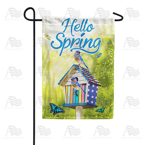 Hello Spring Patriotic Birdhouse Double Sided Garden Flag