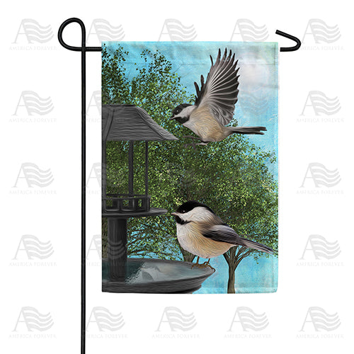 Chickadees At Feeder Double Sided Garden Flag