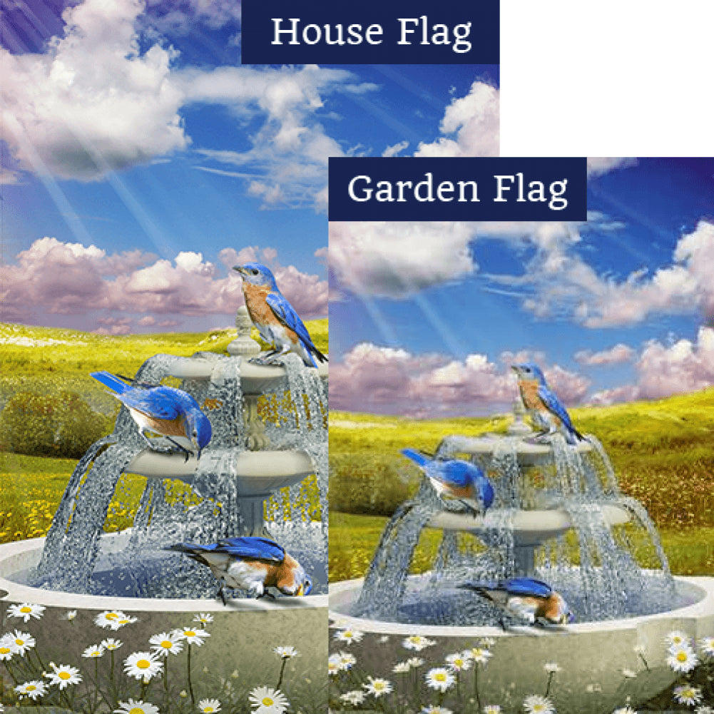 Bluebirds In Water Fountain Double Sided Flags Set (2 Pieces)