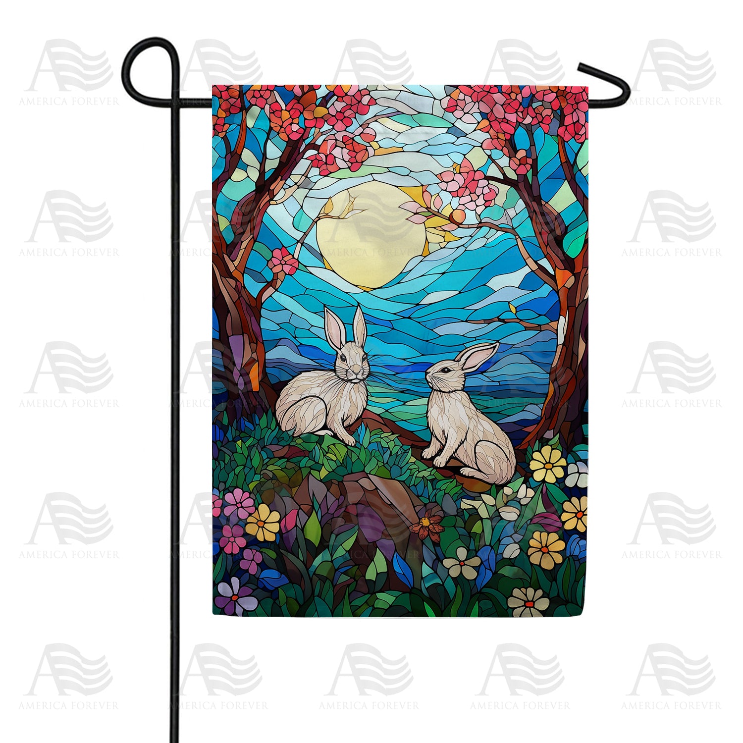 Moonlit Stained Glass Bunnies Double Sided Garden Flag