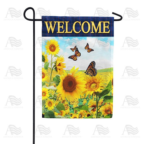 Sunflower Welcome Blue Plaid Double Sided Garden Flag