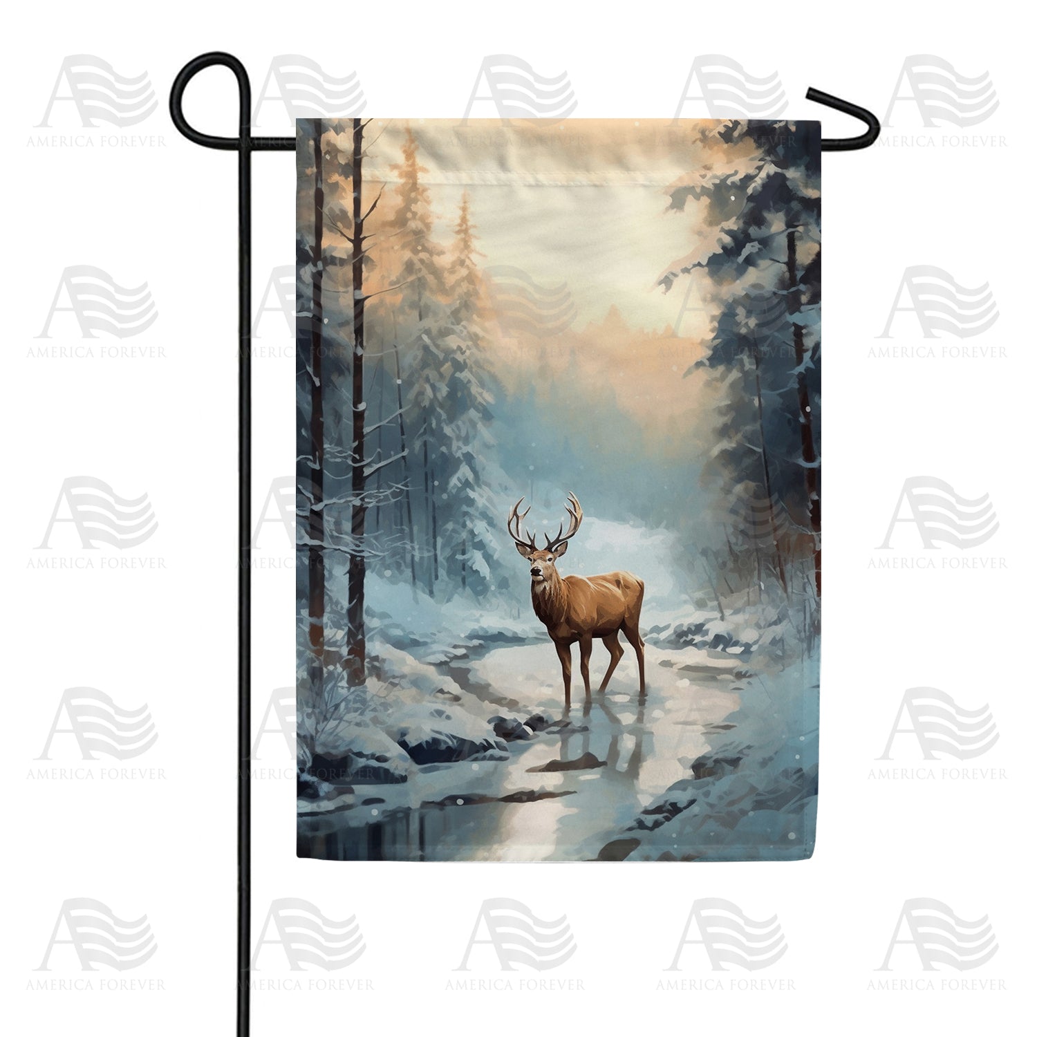 Deer In Winter Creek Double Sided Garden Flag