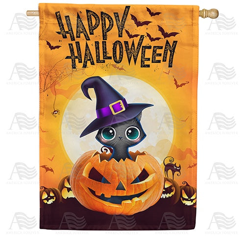 Kitty In Pumpkin Double Sided House Flag