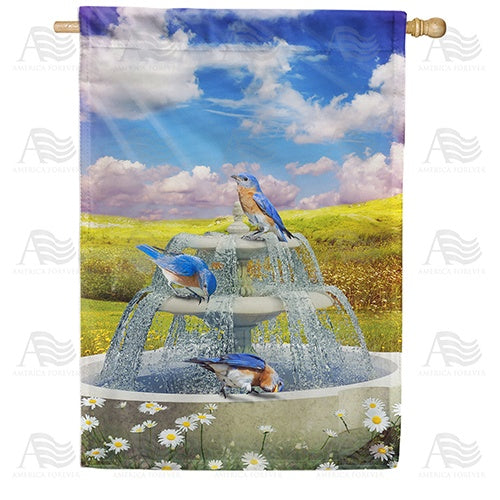 Bluebirds In Water Fountain Double Sided House Flag