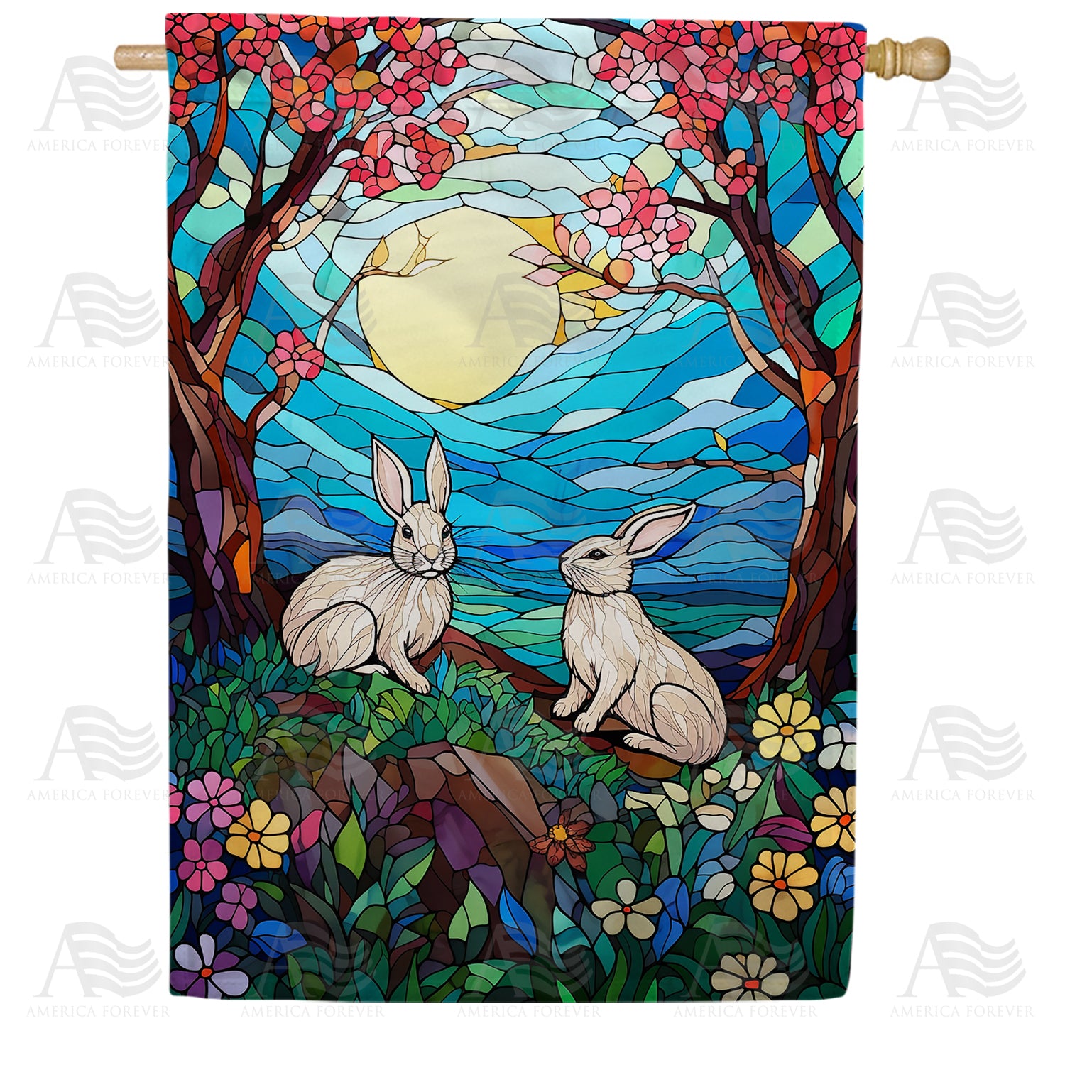 Moonlit Stained Glass Bunnies Double Sided House Flag