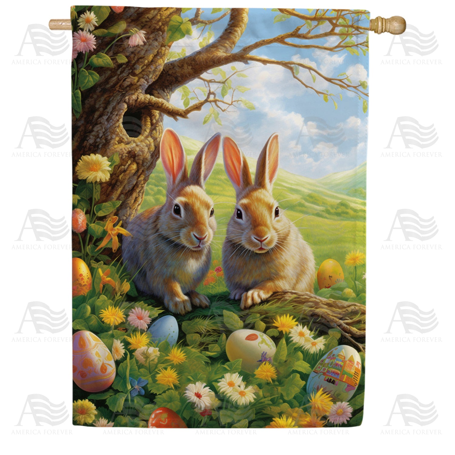 Twin Bunnies with Easter Eggs Double Sided House Flag