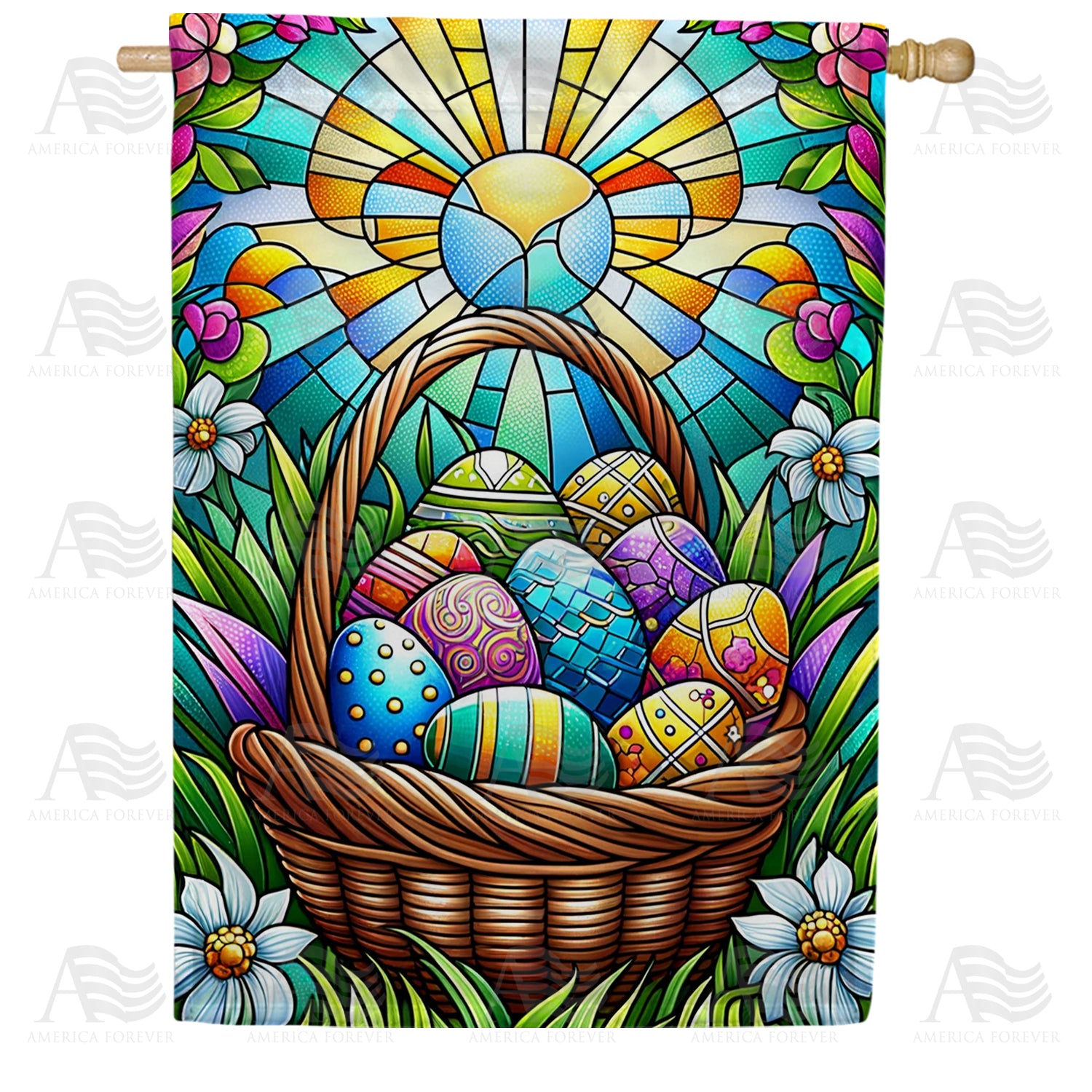 Stained Glass Easter Basket and Sunrise Double Sided House Flag