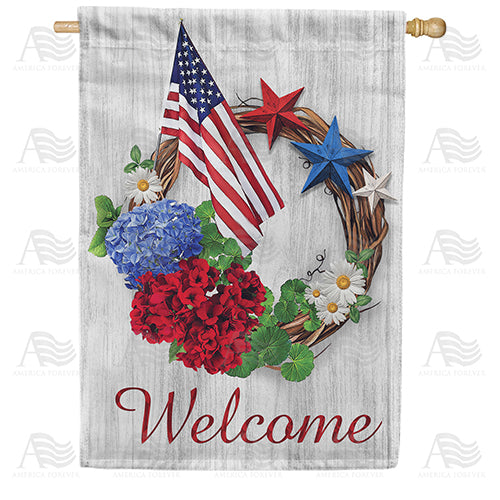 Patriotic Grapevine Wreath Double Sided House Flag