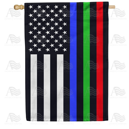 Thin Green, Red, Blue Line Double Sided House Flag