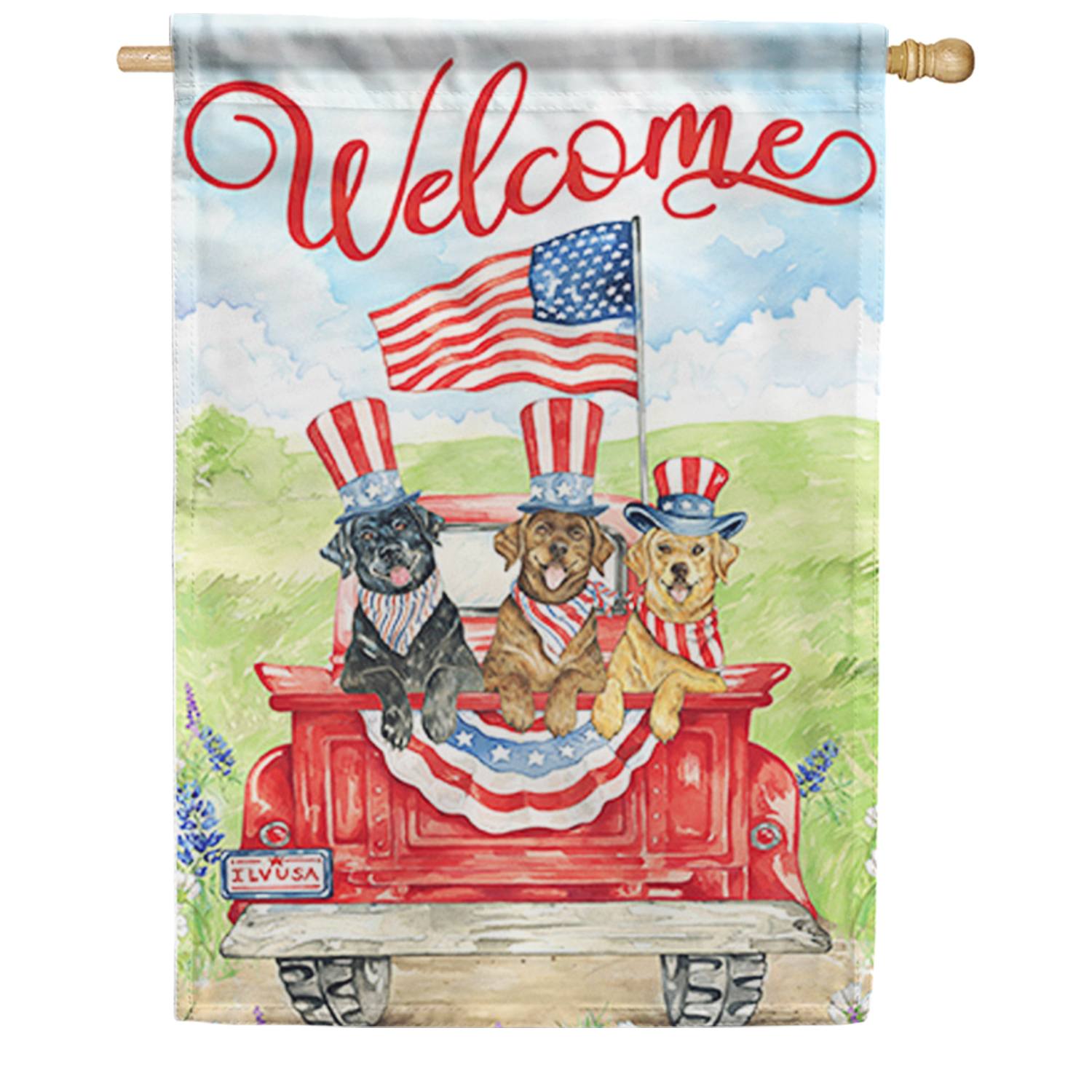 Patriotic Pups Welcome House Flag