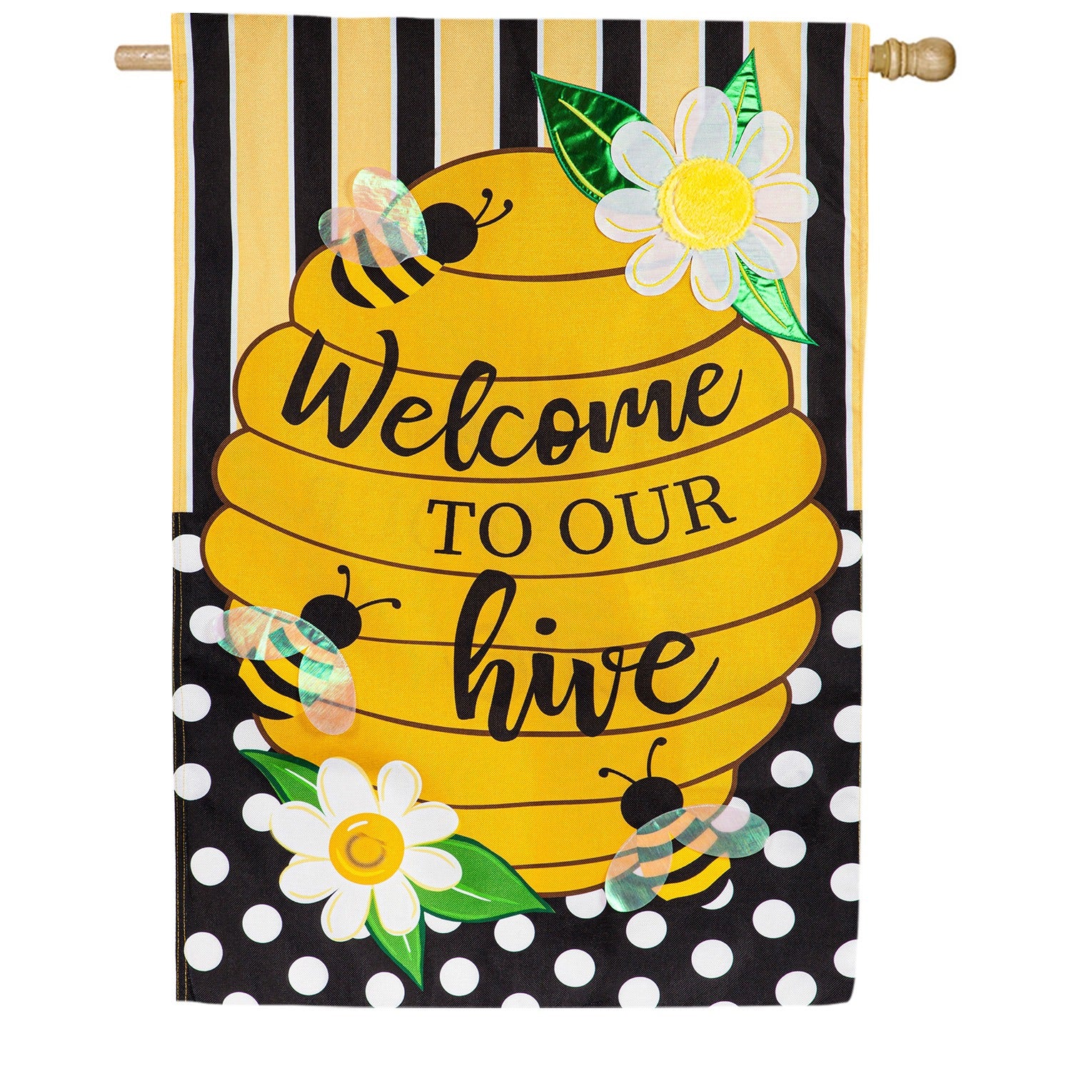 Welcome to Our Hive Stripes and Dots Burlap House Flag