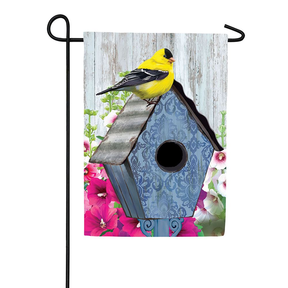 Finch and Birdhouse Linen Garden Flag