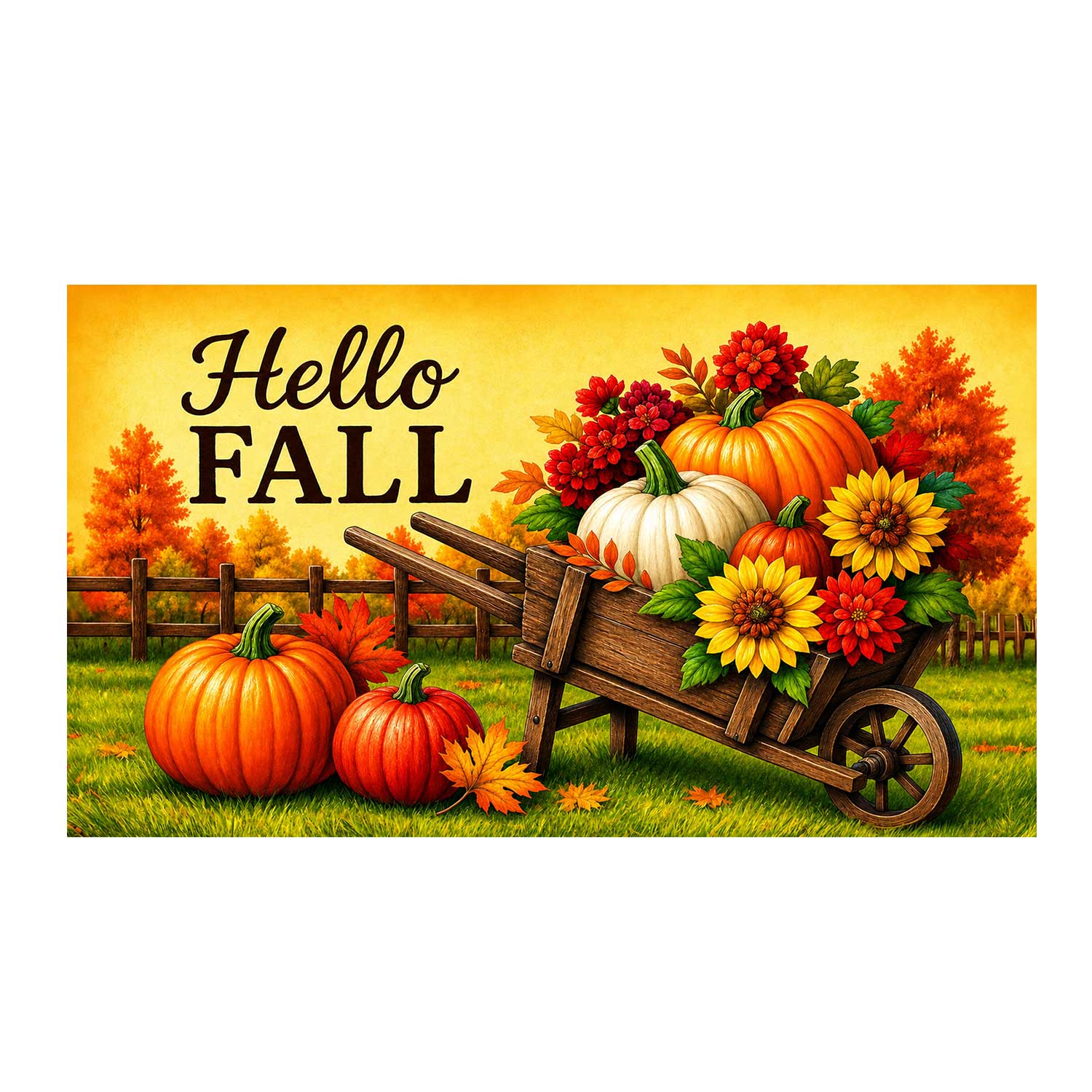 Hello Fall Wheelbarrow Pumpkins Doormat