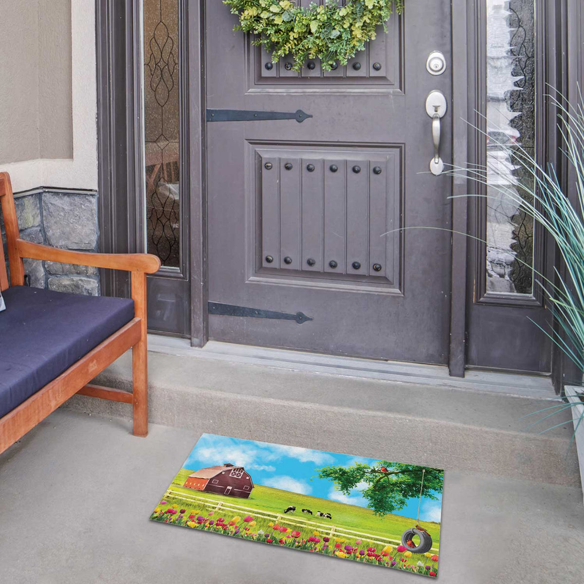 Spring Farm Swing and Tulips Doormat
