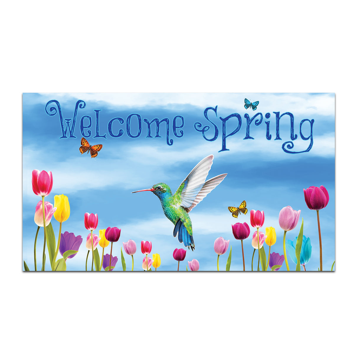Welcome Spring Hummingbird & Tulips Doormat