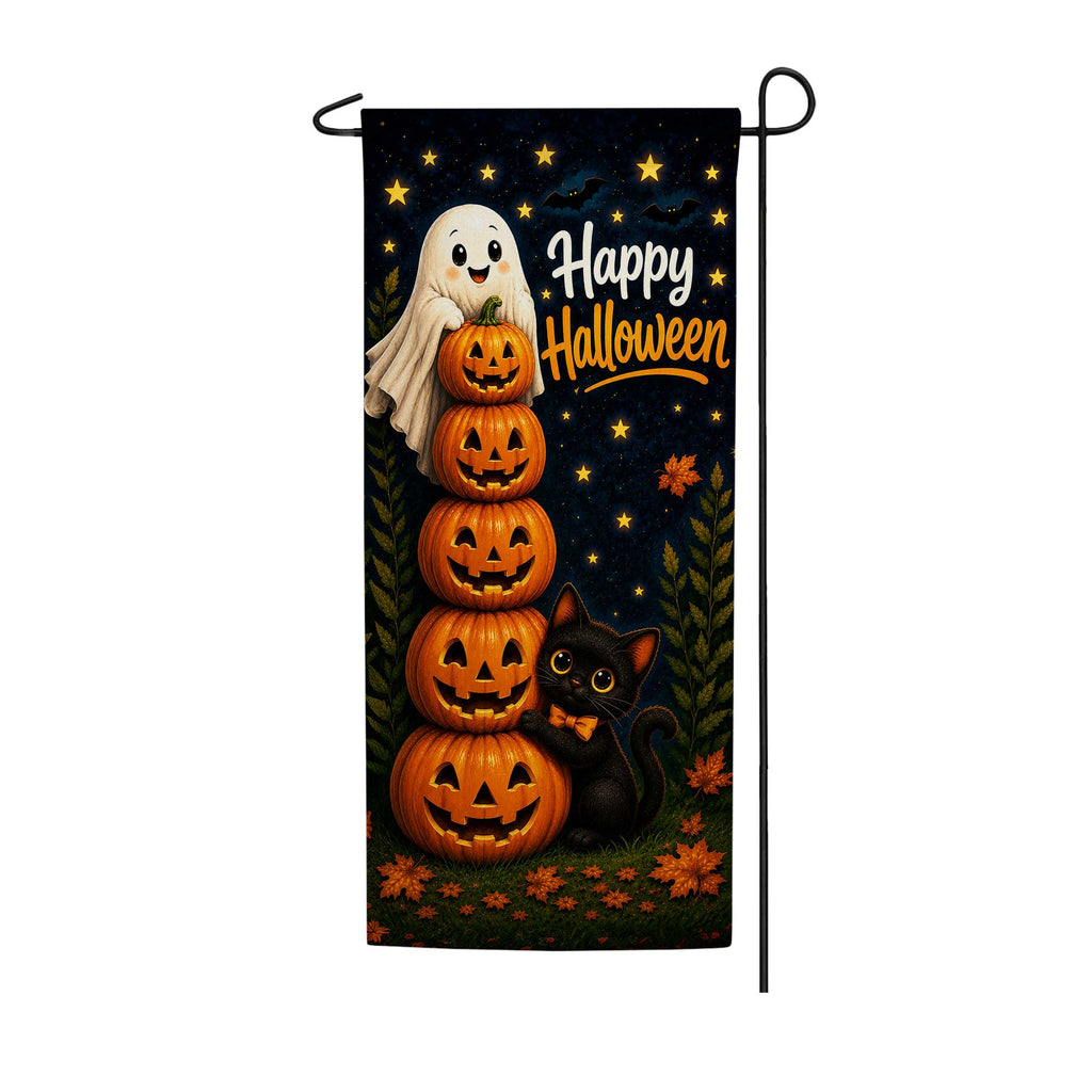 Happy Halloween Ghost Pumpkin Stack Garden Banner Flag