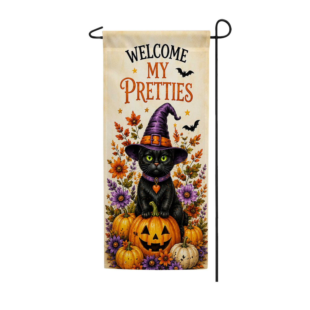 Welcome My Pretties Black Cat Halloween Garden Banner Flag
