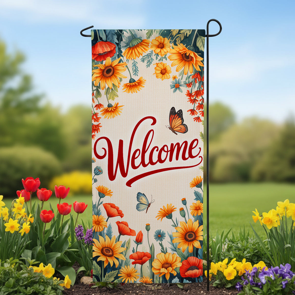 Welcome Sunflower Butterfly Double Sided Garden Banner Flag 12.5 x 28 inch