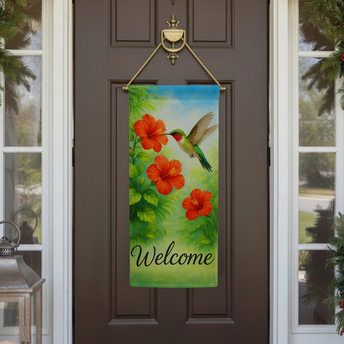 Welcome Hummingbird Hibiscus Double Sided Garden Banner Flag 12.5 x 28 inch