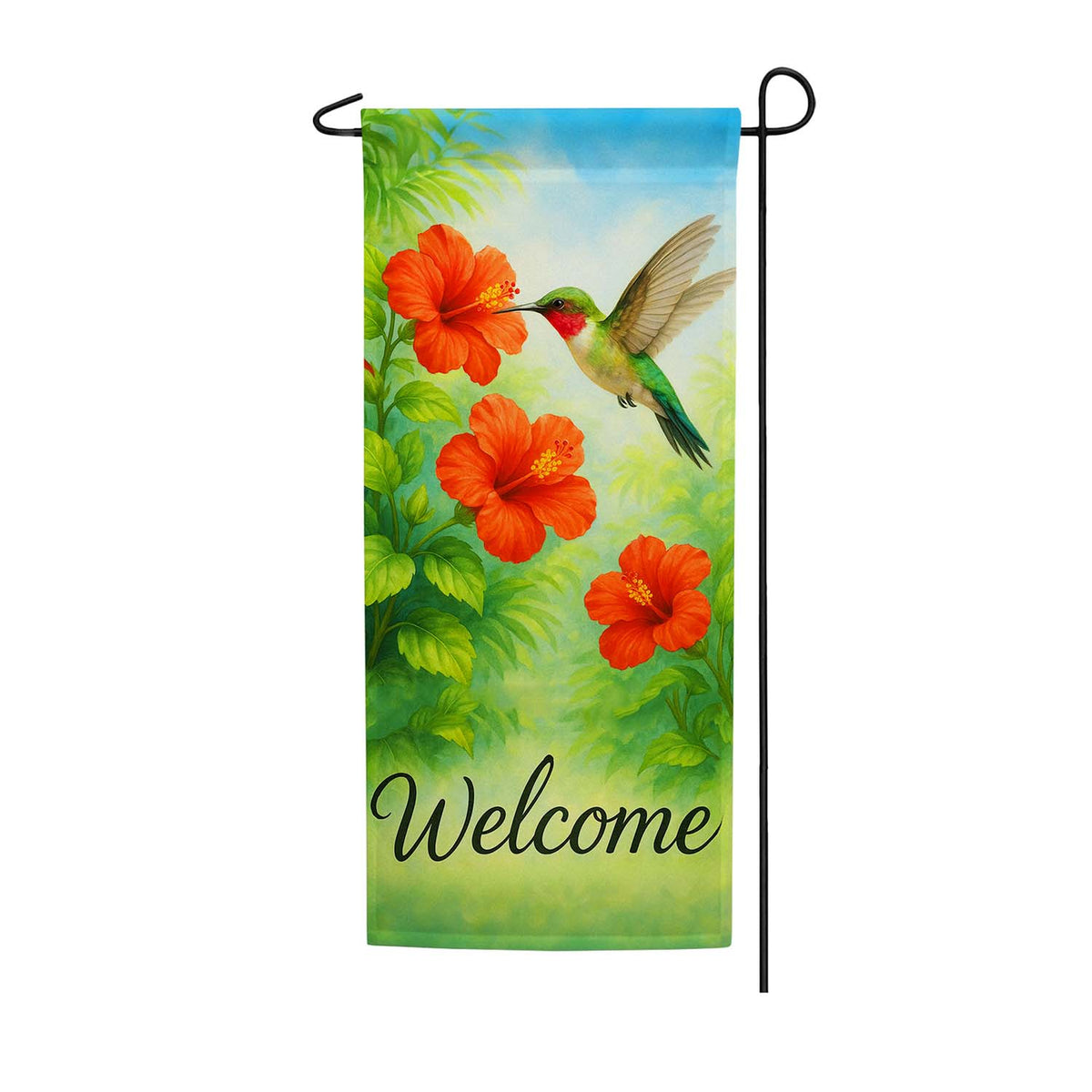 Welcome Hummingbird Hibiscus Double Sided Garden Banner Flag 12.5 x 28 inch