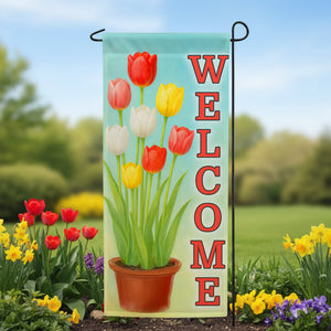 Welcome Spring Tulips Double Sided Garden Banner Flag 12.5 x 28 inch