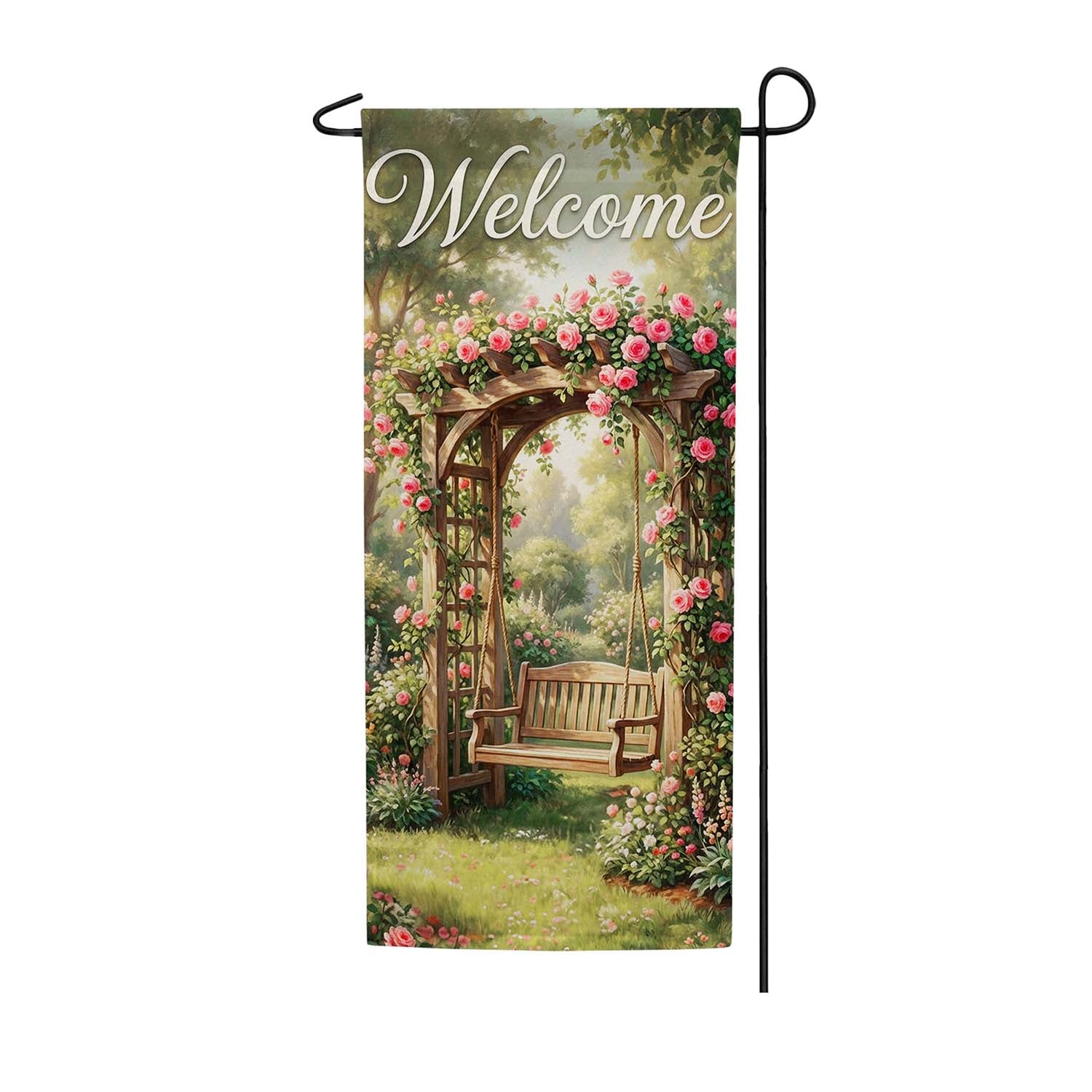 Welcome Rose Garden Arbor Double Sided Garden Banner Flag 12.5 x 28 inch