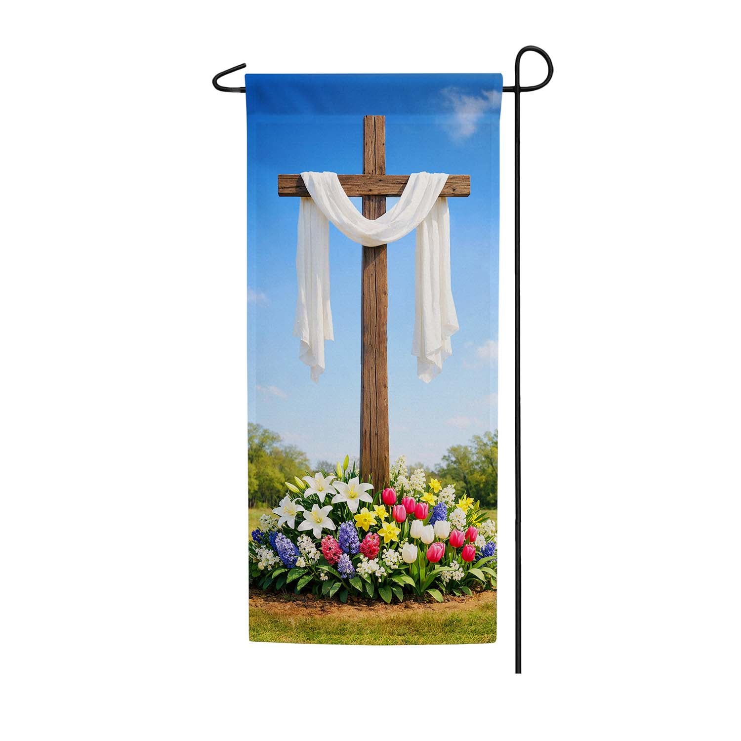 Easter Cross with Spring Flowers Garden Banner