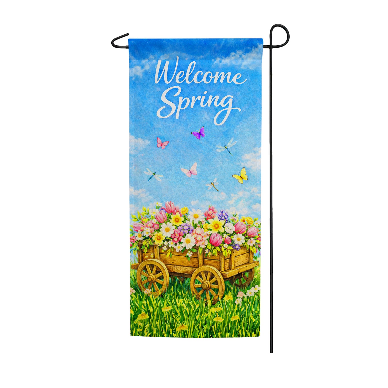 Spring Wagon Flowers Double Sided Banner Garden Flag 12.5" x 28"